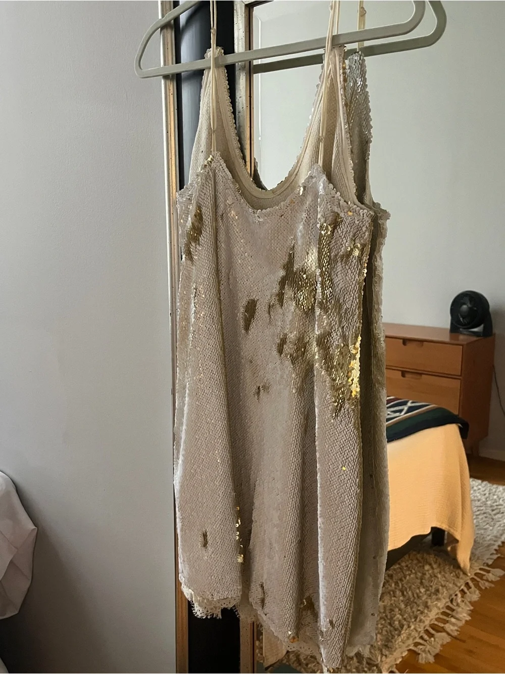 Free People White Sequin Slip Dress with Gold Accents